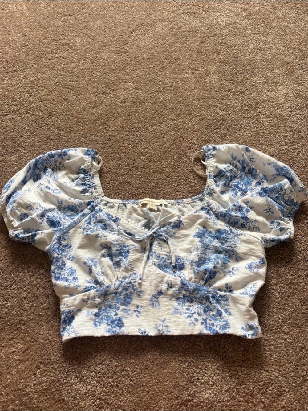 Monteau White Crop Top with Blue Floral Print
